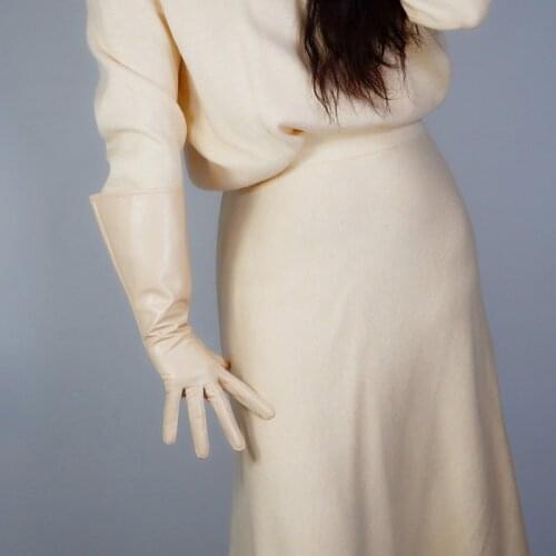 Real Leather Gloves Female 38cm Wide Sleeve Puff Sleeves Beige Unisex 100% Imported Sheepskin Gloves 2020 New Listing WZP43