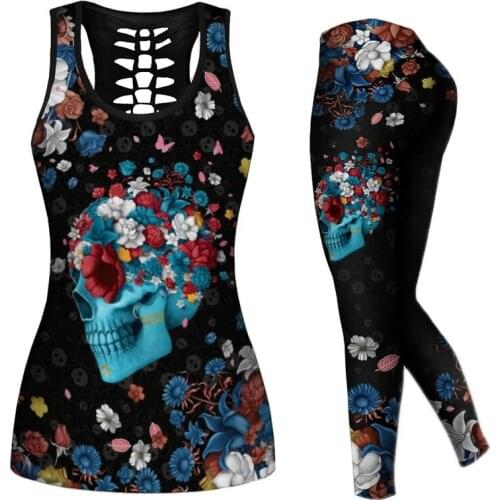 Blast European and American sexy flower skull print lady hollow vest leggings casual sports suit