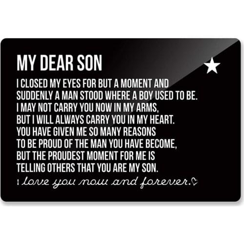 Son Gifts from Mom Dad,Engraved Metal Wallet Inserts,Best Love Note Cards Gift Ideas Son Graduation Christmas Gifts DIY Custom