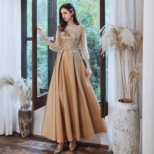 Gold Luxury Evening Dresses Long Sleeves Satin Sequins A-Line O-Neck Formal Ceremony Party Wedding Guests Prom Gowns Elegant New