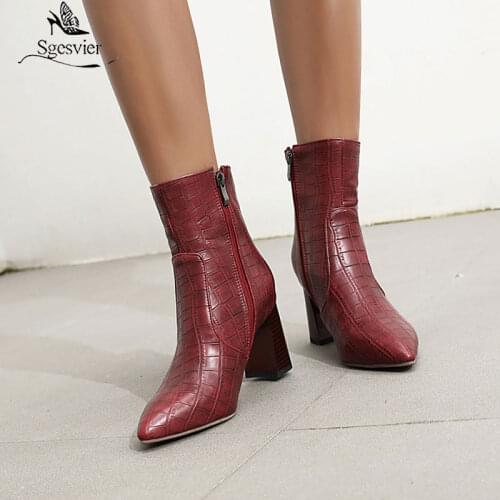 Sgesvier 2021 Autumn Women Boots Pu Leather High Heel Ankle Boots Pointed Toe Winter Cowboy Boots Fashion Western Boots Black