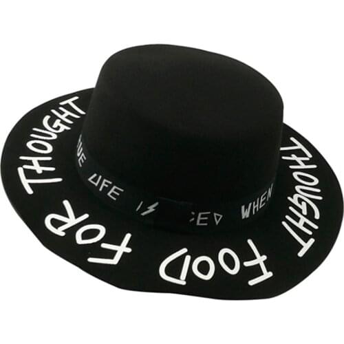 Fedora hat flat top graffiti letter woolen hat Korean version of the tide men and women wide brim top hat British jazz hip-hop