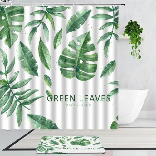 3D Green Leaves Fabric Shower Curtains Tropical Plants Monstera Palm Leaf Art Decor Bathroom Bath Curtain Non-Slip Carpet Mats