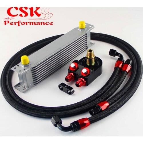 Universal 10 Row 248mm AN8 Engine Transmission Oil Cooler British Type + Aluminum Filter Adapter Kit Silver
