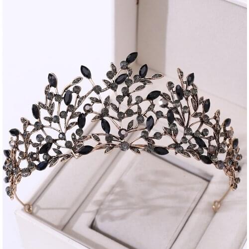 Baroque Vintage Bronze Gold Black Crystal Leaf Bridal Tiaras Crowns Rhinestone Pageant Diadem Headband Wedding Hair Accessories