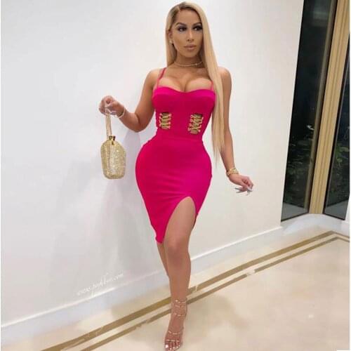 High Quality New Women Bandage Dress 2020 Sexy Straps 3 Colors Split Hallow Out Gold Chains Mini Bodycon Dress Vintage Vestios