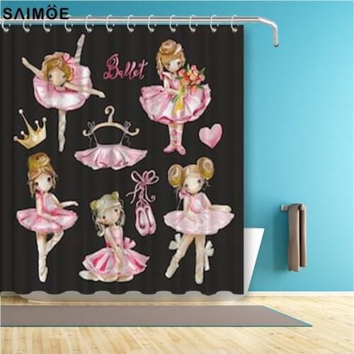 Ballet Girl Shower Curtain Pink Ballerina Dancer Bath Curtain Cartoon Curtains For Girls Bathroom Decor Waterproof Fabric Hooks