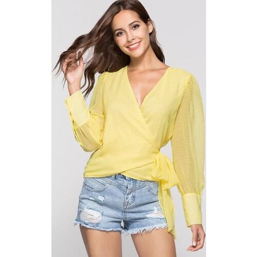 DIFIUPAI Dot Print T-shirt Yellow Cardigan V-neck Strap Top Long Sleeve Button Plaid Women Sexy Sun-protective Clothing Slim