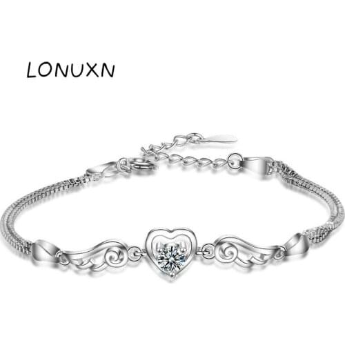 Double Angel Wings Heart Charm Bracelets For Women Fashion Crystal jewelry with purple white crystal hand chain bangle gift