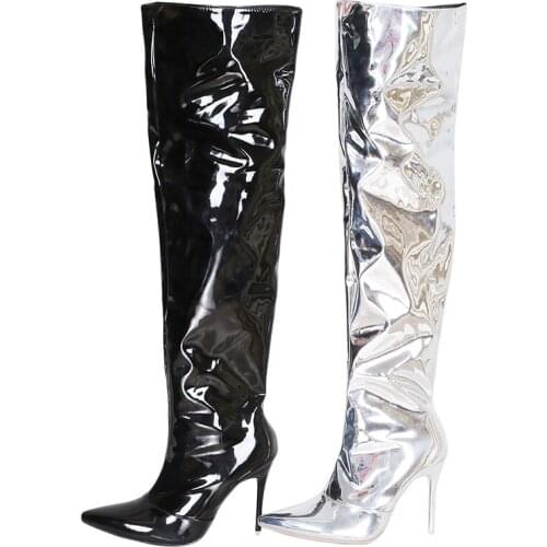 Mirror Pu Over The Knee Women Boots Super High Heels Pointed Toe Boot Female Shoes 2021 New Winter Warm Footwear Plus Size