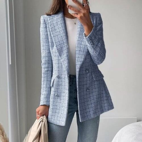 Ardm Fashion Double Breasted Tweed Check Blazers Coat Women 2021 Vintage Long Sleeve Pockets Female Outerwear Chic Veste Femme