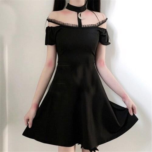 Women Black Lolita Dress Funk Gothic Off Shoulder Sexy Vestidos Short Sleeve Female Sexy Night Party Club Mini Dresses