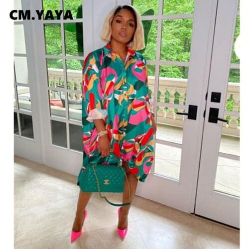CM.YAYA Women Mini Dress Print Full Sleeve Turn-down Collar Single Breasted Loose Straight Dresses Office Lady Vestidos Summer