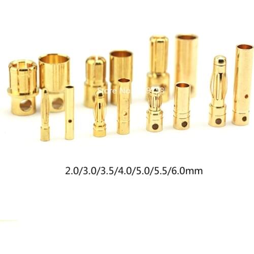 10sets Model Airplane Banana Plug Connector 2.0mm 3.0mm 3.5mm 4.0mm 5.5mm 6.0mm for ESC Lipo RC Battery Plugs Gold Plated Copper