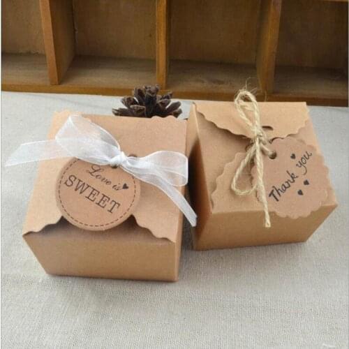 100pc/lot Natural Kraft Paper Wedding Candy Box with Tag Brown Square Candy Boxes Supplies rustic vintage wedding favor
