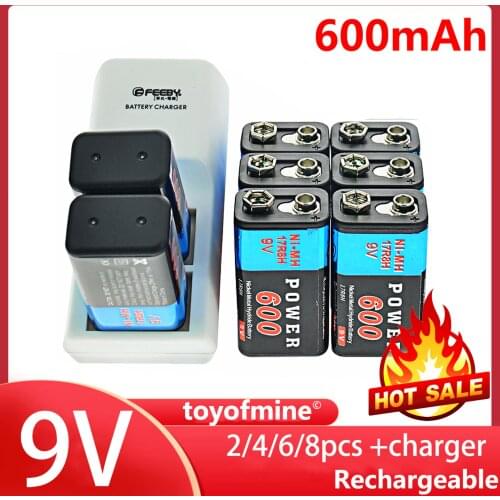 2/4/6/8pcs 9V 6F22 600mAh NI-MH Rechargeable Battery 9V 9 Volt Charger High Volume US Plug