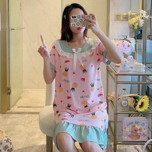 2021 Summer Short Sleeve Sweet Princess Lace Nightgowns for Women Korean Print Sleepwear Night Gown Nightdress Home Dress Nighty