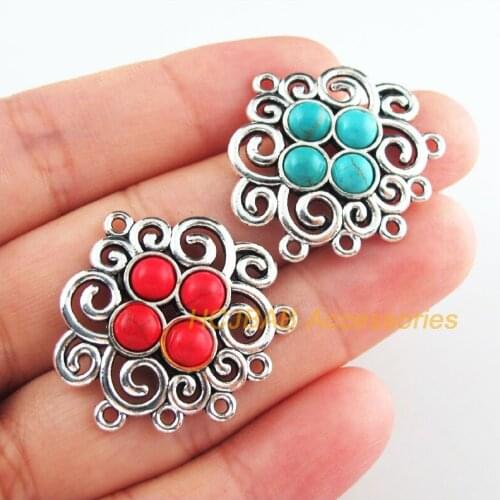 5Pcs Retro Tibetan Silver Tone Flower Clouds Blue&Red Stone Charms Connectors 28x30mm