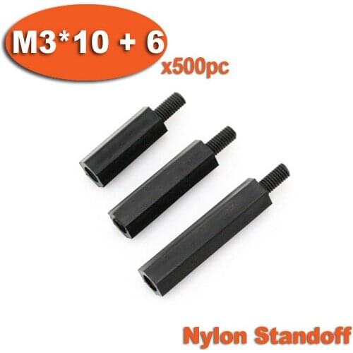 500pcs Male To Female Thread M3 x 10mm + 6mm Black Plastic Nylon Hexagon Hex Standoff Spacer Pillars
