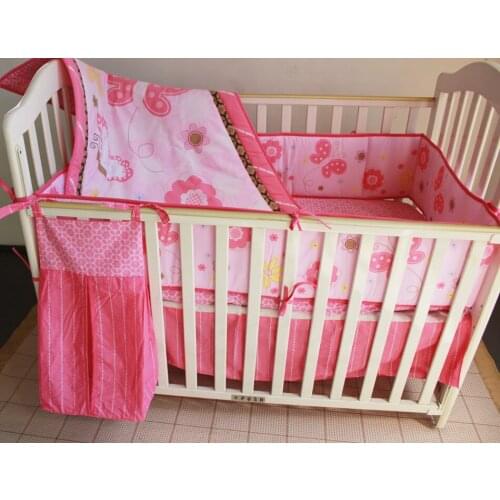 Promotion! 5pcs embroidered Baby Bedding Set Cartoon Cotton Crib Bedclothes,include(bumper+duvet+bed cover+bed skirt+diaper bag)