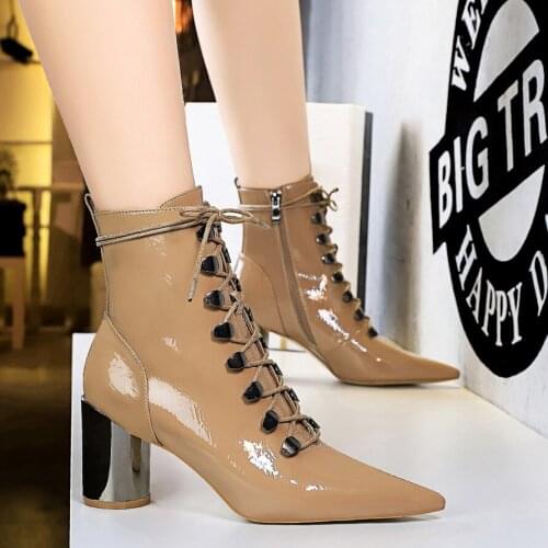 BIGTREE 2020 Fashion Ankle Boots Chunky High Heels Women Cross-tied Booties Autumn Sexy Booties Pointed Toe Women Pumps