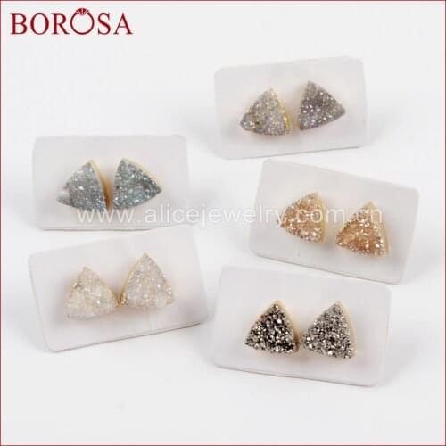 BOROSA 5Pairs New Arrival Gold Color 10mm Triangle Shape Rainbow Druzy Stud Earrings Gems Drusy Earring Jewelry for Women G1530