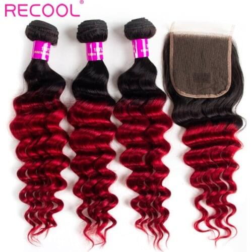Recool Ombre Brazilian Hair 3 Bundles With Lace Closure 1B Red Loose Deep Weave Human Hair Bundle Pack Remy Human Hair