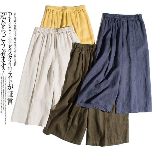 Spring Summer Women All-match Loose Plus Size Comfortable Breathable Water Washed 14*14 Linen Trousers Elastic Waist Harem Pants
