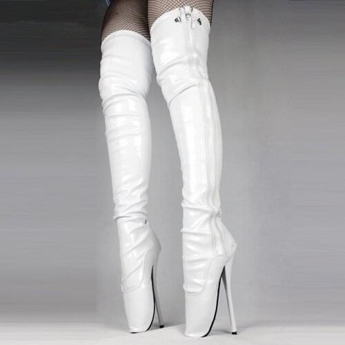 Cosplay Extreme 18cm High Spike Heel Padlocks Fashion Fetish Sexy Thin Heel Pu Leather Lockable Ankle High Strap Ballet Boots