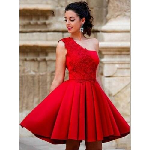 Elegant Short A-Line One Shoulder Red Homecoming Dresses with Pockets Knee Length Zipper Back Graduation Dresses for Juniors