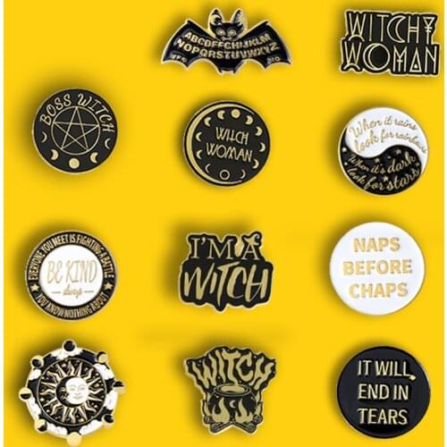 Punk Witch Enamel Pin "I AM A Witch"Bat Black Brooches Pentagram Custom Decoration Backpack Clothes Badge Gift for Friends