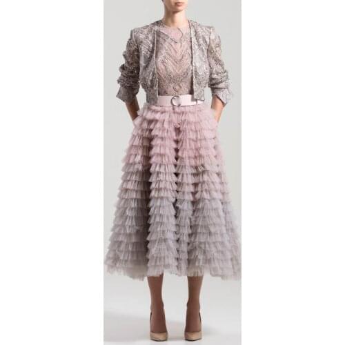 High End Mix Color A-line Ruffles Tulle Skirts Women Modest Mid Calf Office Lady Skirts Tulle Female Bottom Zipper