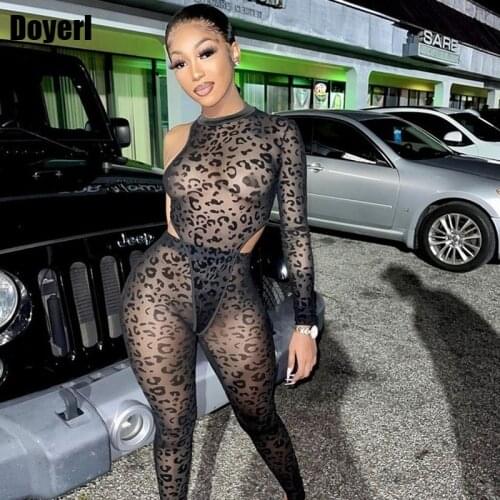 Leopard Print Sheer Mesh Sexy Two Piece Set Women One Shoulder Bodysuit Top and See Through Leggings Set Club Matching Outfits