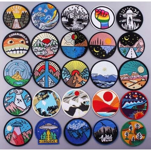 Round Patch Embroidered Patches For Clothes Sun Mountain Sea Iron On Patches For Clothing Van Gogh Ironing Stickers On Clothes
