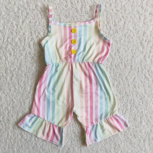 Best Selling Little Girl Fashion Sweet Romper Kids Rainbow Stripes Sleeveless Jumpsuit With Ruffle Side