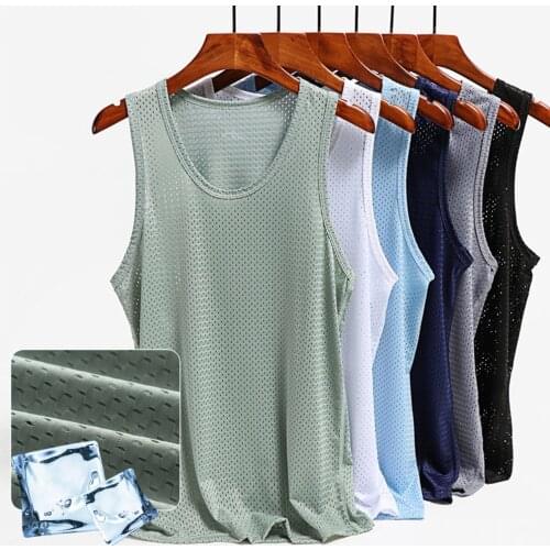 Ice Silk Cool Gym Tank Top Sexy Hollow Out Mesh Vest Men T Shirt Sleeveless Round Neck Summer Mens Clothing Bodybuilding Black