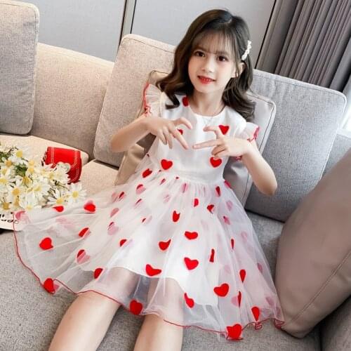 Lovely Girls Dress 2021 Summer New Sweet Girl Princess Dress Red Heart Print Girls Net Yarn Skirt Dress Kids Baby Girl Clothes