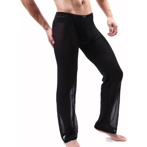 Mens Casual See-though Mesh Pajama Sleep Bottoms Ultra-thin Pants Low Waist Elastic Waistband Trousers Nightwear