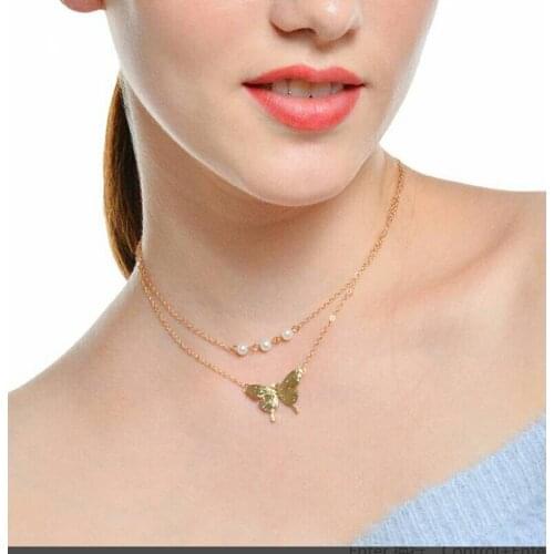 New Style Hot Fashion Hollow Crystal Key Chain Clavicle butterfly pearl Necklace Cheap Vintage for women Jewelry Wholesales
