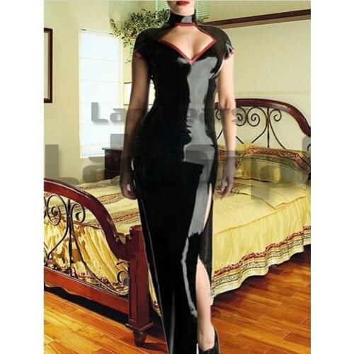 Sexy Women Black Latex Dress Rubber Long Dress Body-hugging Bodysuit