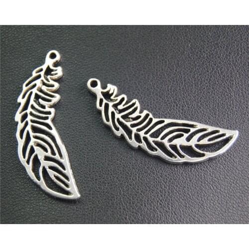 20Pcs Silver Color Filigree Feather Charm Fit Bracelets Necklance DIY Metal Jewelry Making 38x13Mm A2061