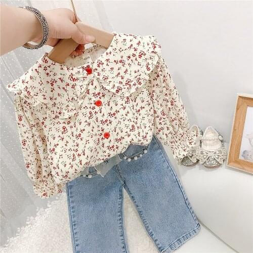 2021 Casual Autumn Tops and Pullovers Single Breasted Blouses Long Sleeve Printed Shirt for Girl Turn-Down Collar Kids Shirts