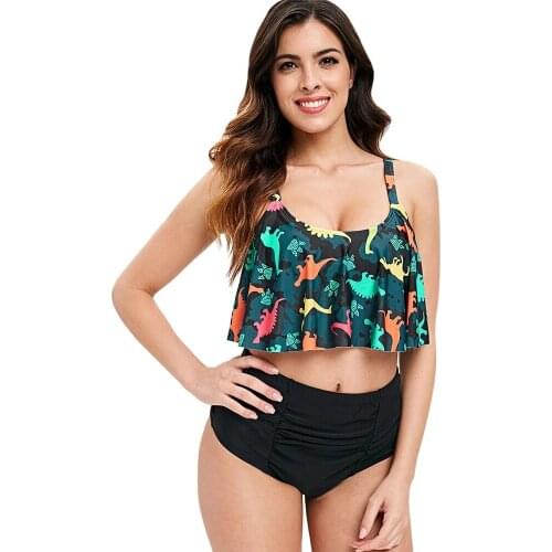 Plus size 5xl Dinosaur Print High Waist Bikini Set Summer Women Swimsuits 2pcs Women Beach Swimwear Plus Size Ruched Casual