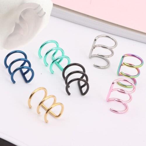 16g Stainless Steel 3 Row Cirle Helix Fake Cartilage Clip on Ear Cuff Wrap Earring Non Pierced Earring