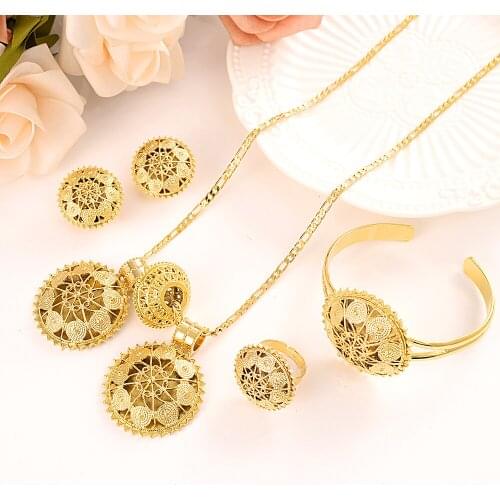 Ethiopian geometry pendant Clip Earrings ring bangle women Jewelry sets Gold African Wedding bridal set Gift Habesha girlcharm
