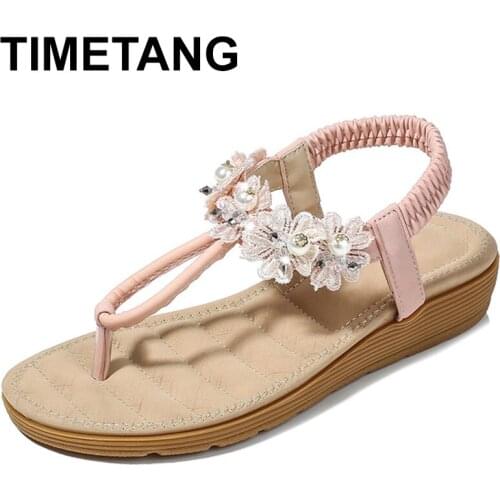 TIMETANG New Flower Thong Sandal Dress Fashion Elastic Band Ladies Sandals Pearl Chain Bohemia Summer Women Sandalias Feminina