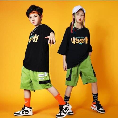 Kids Concert Hip Hop Clothing Tee Oversized Crop T Shirt Streetwear Green Cargo Summer Shorts Skirt for Girls Boy Dance Costume