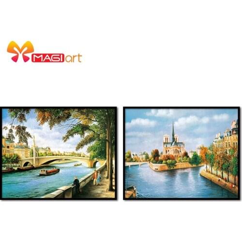 Cross stitch kits Embroidery needlework sets 11CT water soluble canvas patterns 14CT Landscape painting Riverside Seine-NCMS030