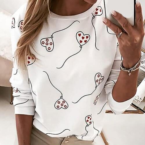 Women Casual O Neck Long Sleeve Love Heart Balloon Print Loose Blouse Top Hoodie Sweatshirt Lady Pullover Top Loose Pullover