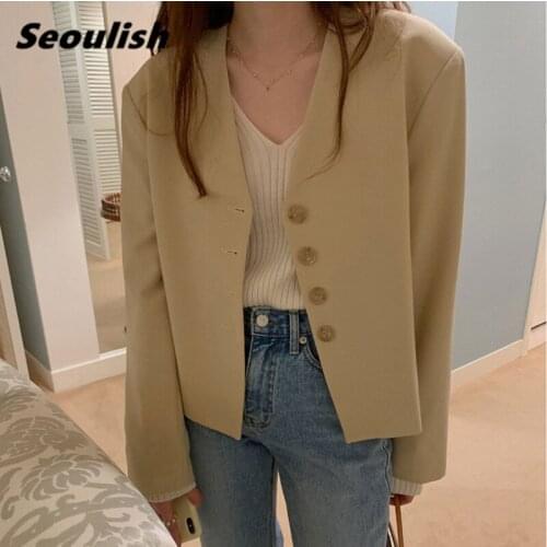 Seoulish New 2021 Spring Summer Single Breasted Womens Blazers Solid Female Formal Jackets Elegant Short Outerwear Chic Tops